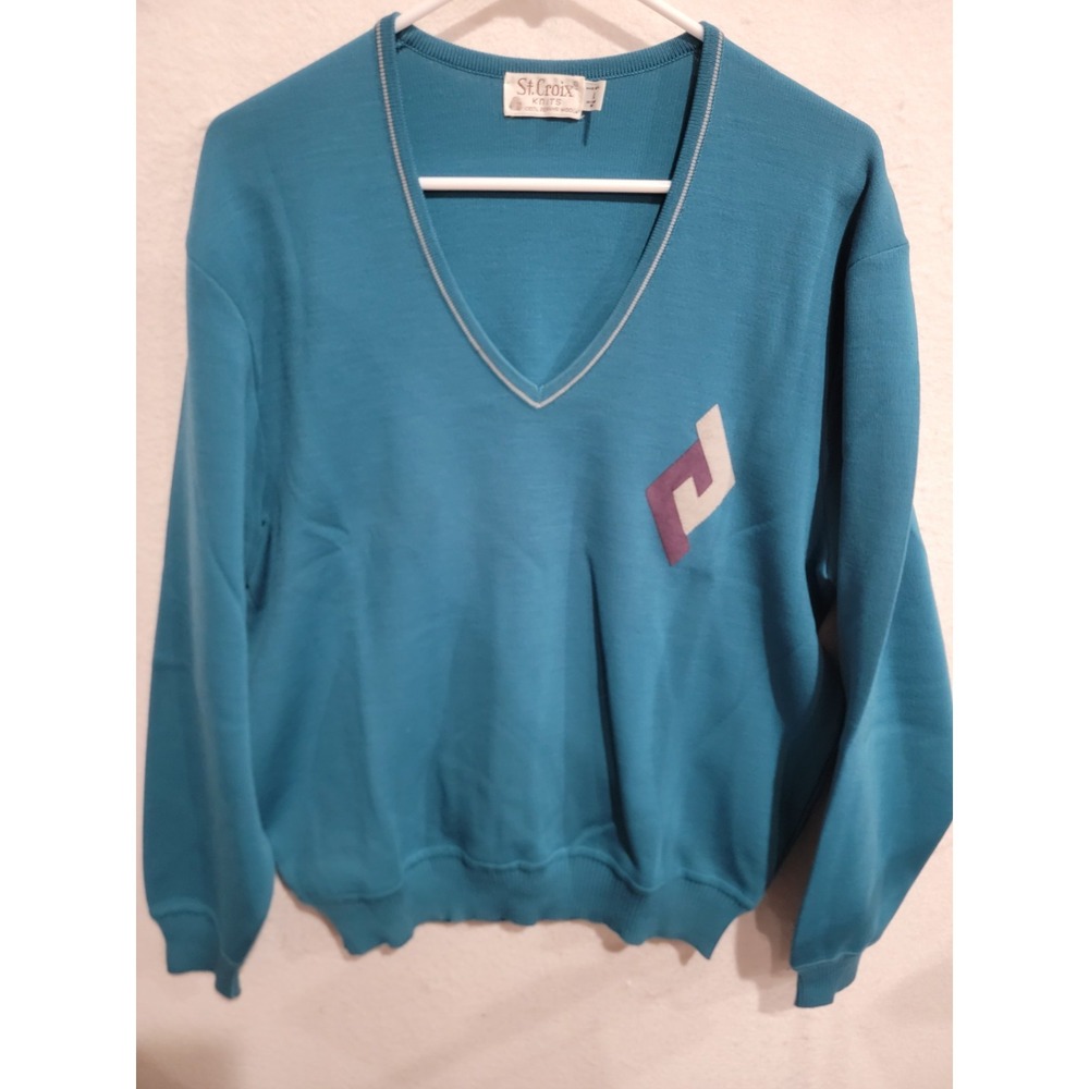 VTG 90s St. Croix Knits Men L V-Neck Sweater 100% Zephyr Wool Teal Blue USA Made